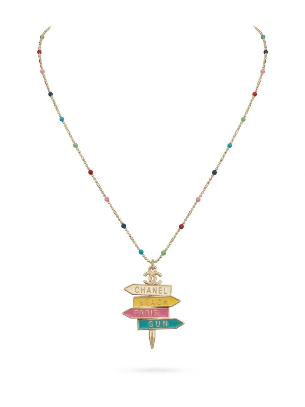 Gold Multicolor Enamel Signpost Necklace - Beach Paris Sun